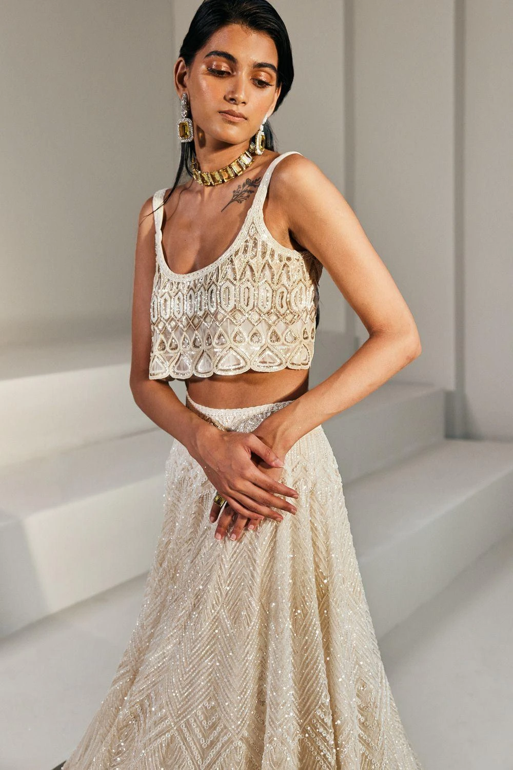 Ritika Mirchandani Ivory & Gold Embellished Lehenga Set - Image 3