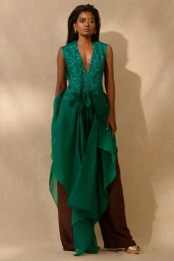 Richa Khemka Emerald Green Ruffle Cape & Brown Jumpsuit
