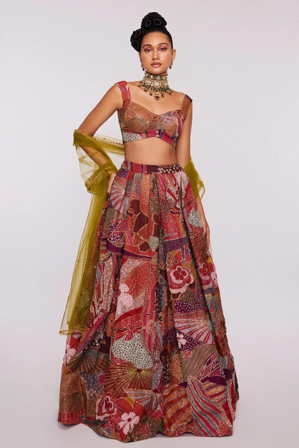 Aisha Rao Wine Printed & Embellished Lehenga Set
