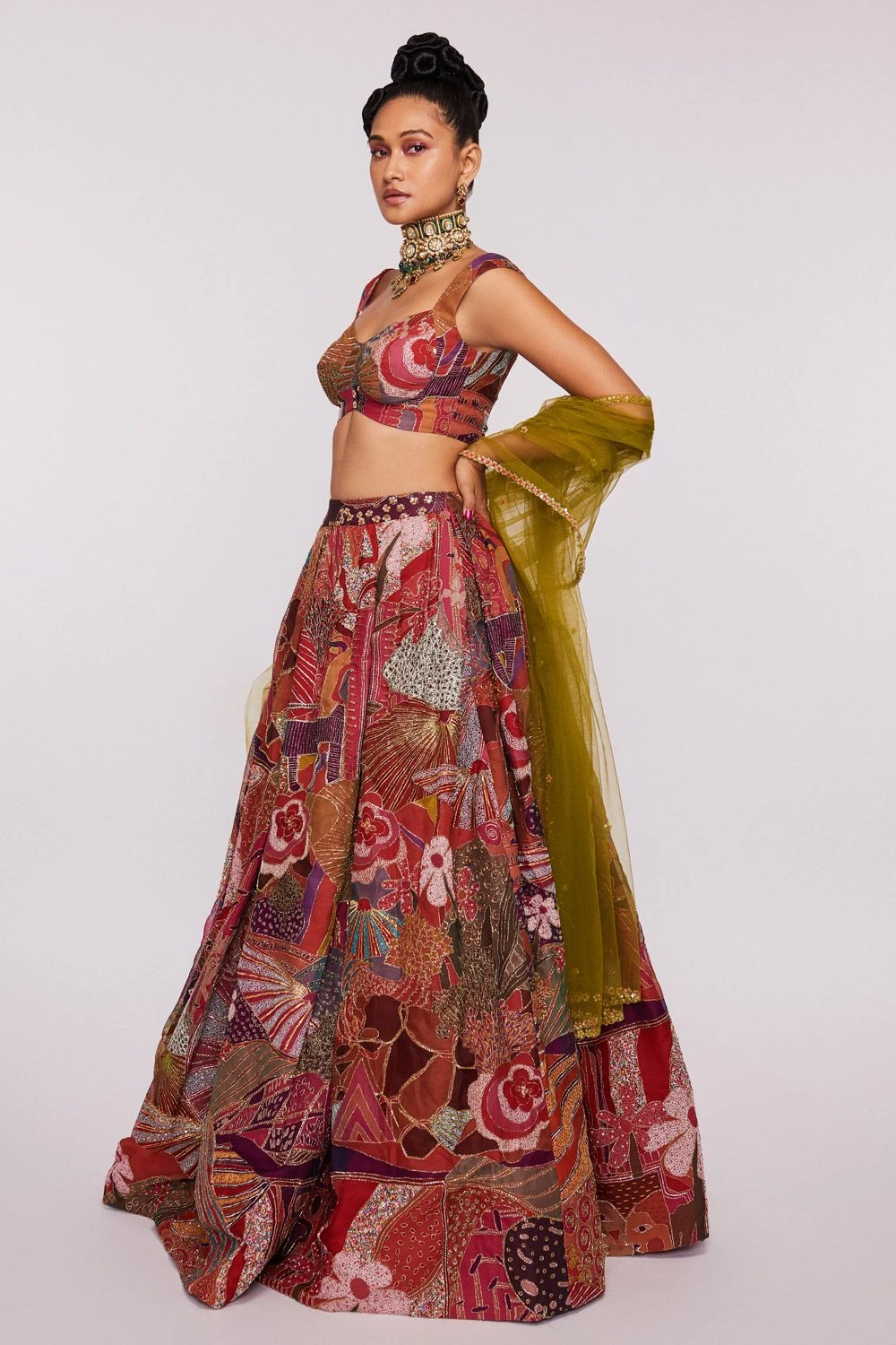 Aisha Rao Wine Printed & Embellished Lehenga Set - Image 3