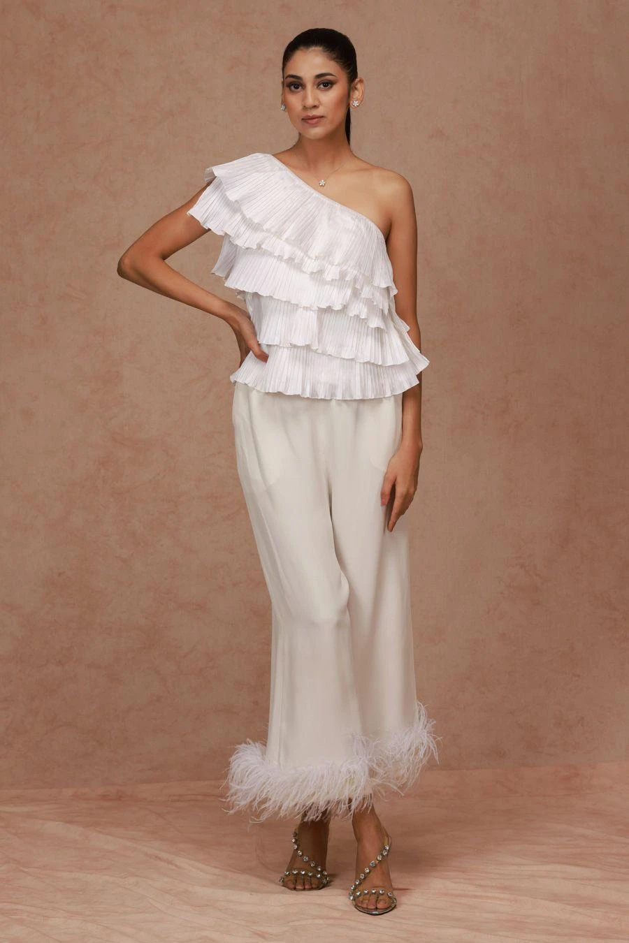 Shriya Som Ivory Pleated One Shoulder Top