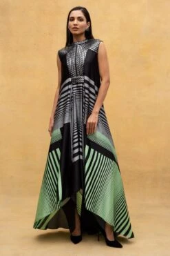 Amit Aggarwal Black & Green Metallic Panelled Dress