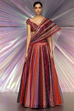 Amit Aggarwal Pink Plisse Lehenga With Moulded Blouse & Drape