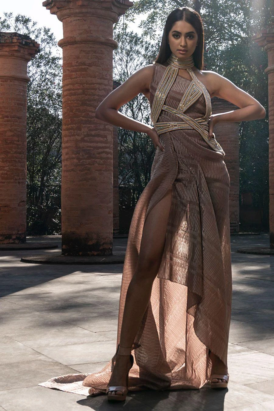 Abhishek Sharma Off-shoulder Textured Metallic Draped Dress - Image 2