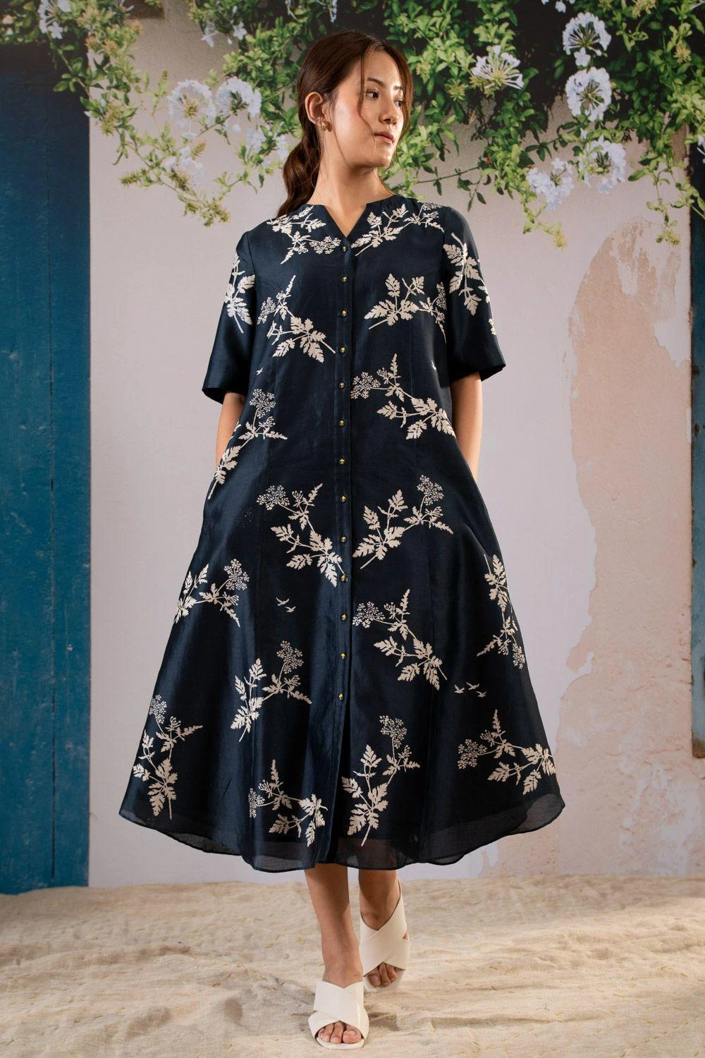 Arcvsh By Pallavi Singh Indigo Floral Printed Shirt Dress - Image 4
