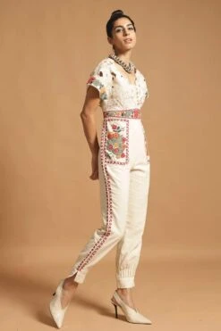 Chandrima Ivory Cotton Jumpsuit With Cutwork Detail