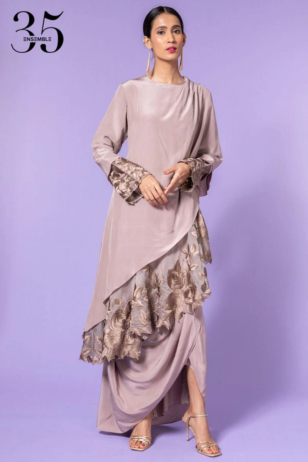 Aikeyah Grey Embroidered Layered Dress