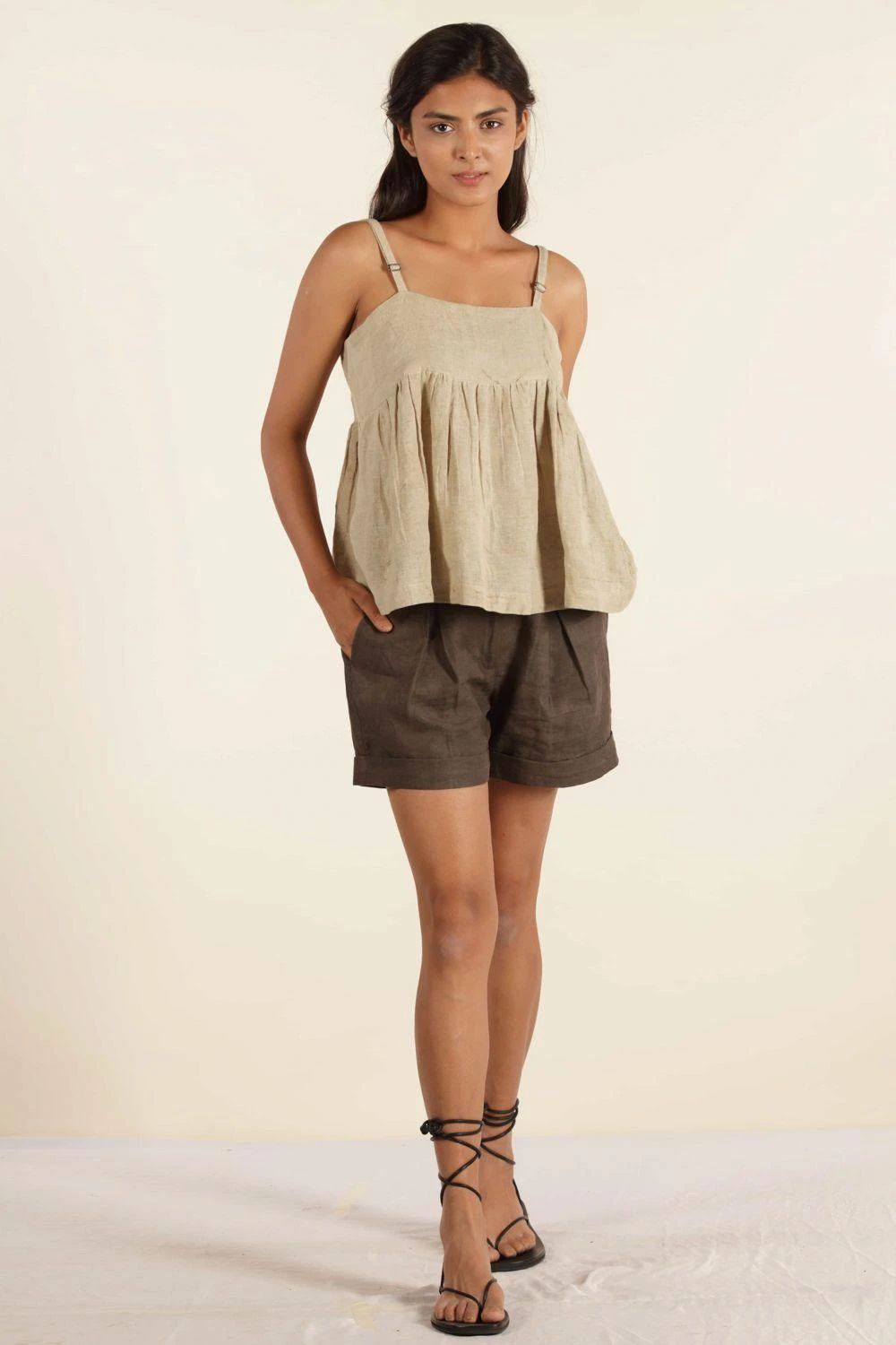 Urbania Beige Linen Spaghetti Top