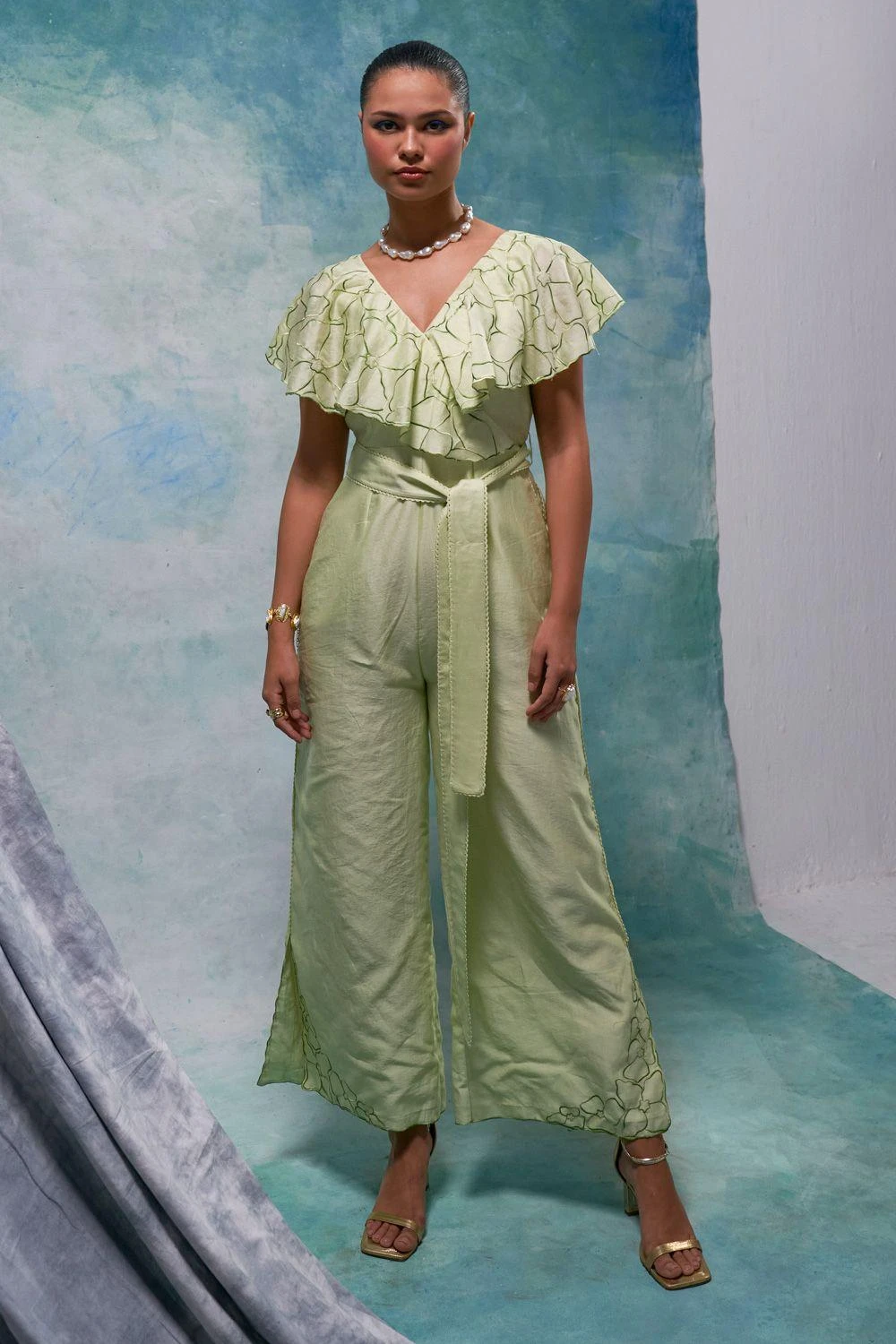 Sakshi Khetterpal Botanical Green Chanderi Frill Jumpsuit