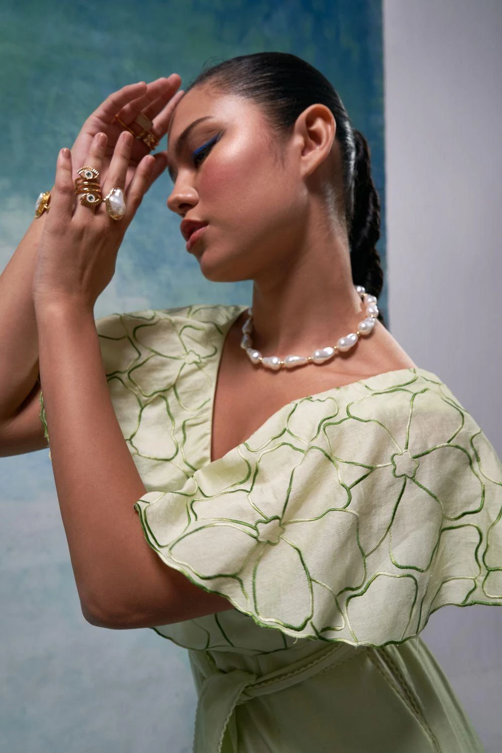 Sakshi Khetterpal Botanical Green Chanderi Frill Jumpsuit - Image 2