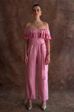 Sakshi Khetterpal Coral Chanderi Off-shoulder Jumpsuit