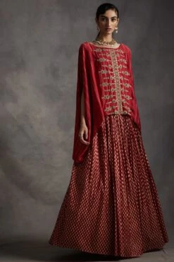 Bhumika Sharma Red Embroidered Kaftan Top & Lehenga