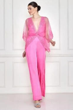 Dilnaz Dopamine Pink Thread Embellished Kaftan & Jumpsuit