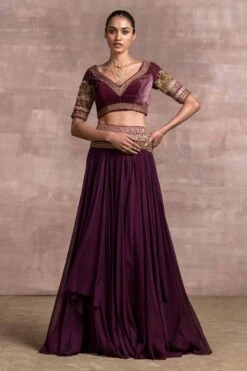 Tarun Tahiliani Wine Draped Lehenga Set With Embroidery