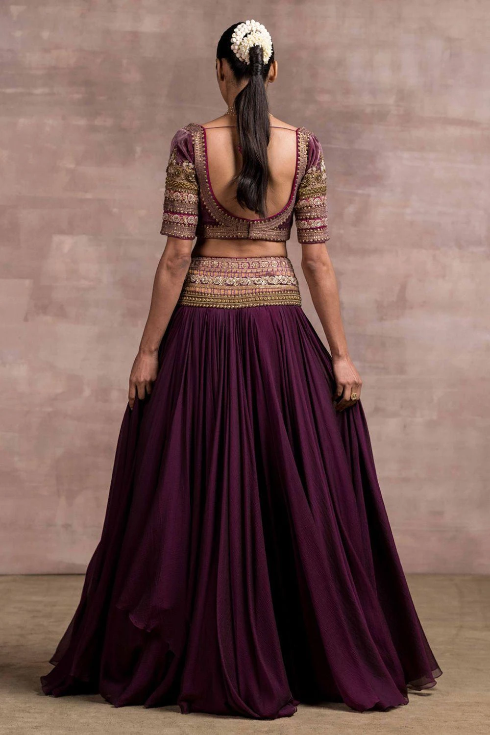 Tarun Tahiliani Wine Draped Lehenga Set With Embroidery - Image 4