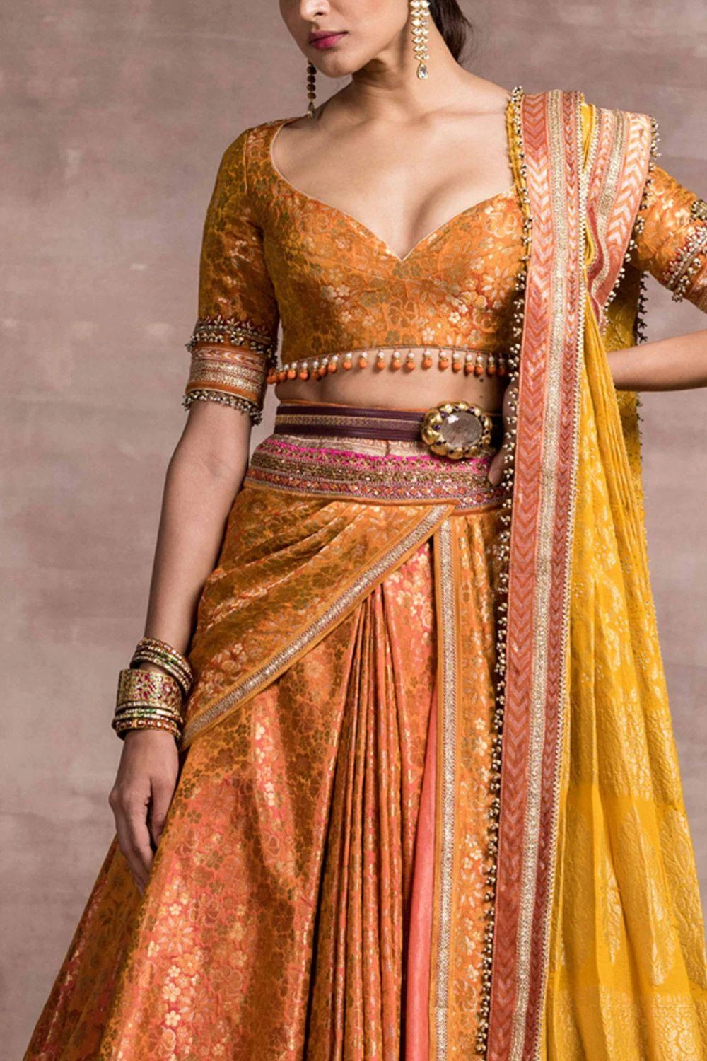 Tarun Tahiliani Orange Draped Brocade Lehenga Set - Image 3