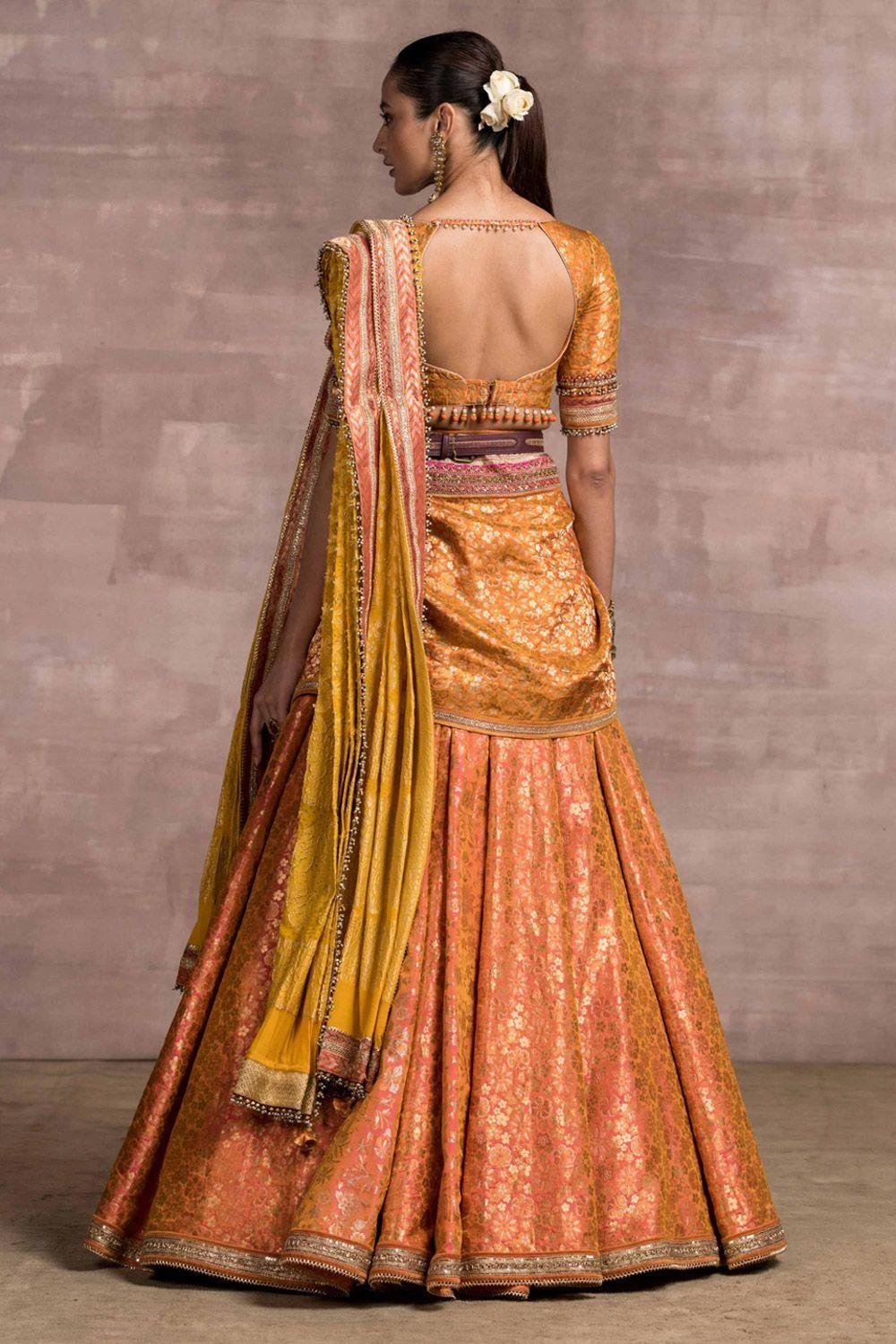 Tarun Tahiliani Orange Draped Brocade Lehenga Set - Image 4