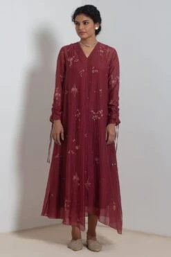 Merlot Embroidered Chanderi Dress With Slip