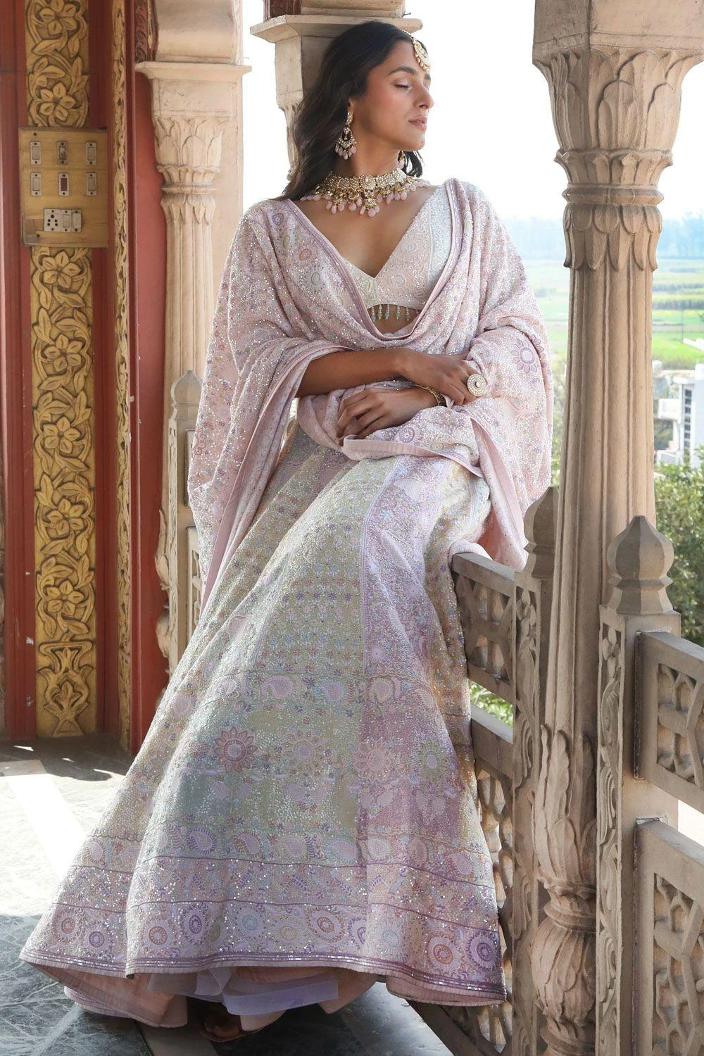 Anjul Bhandari Pastel Multi-coloured Chikankari Lehenga Set