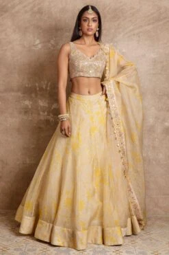 Arpita Mehta Sand & Yellow Garden Print Organza Lehenga Set