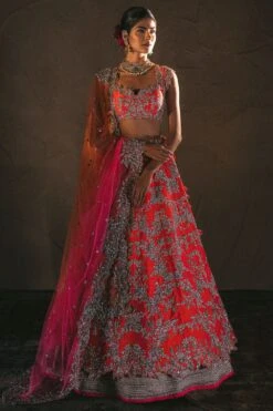 Anushree Reddy Orange Raw Silk Zardosi Cutwork Lehenga Set