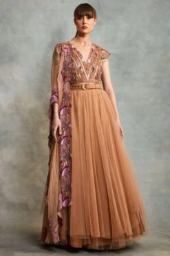 Nikita Mhaisalkar Peach Candy Tulle Lehenga Set