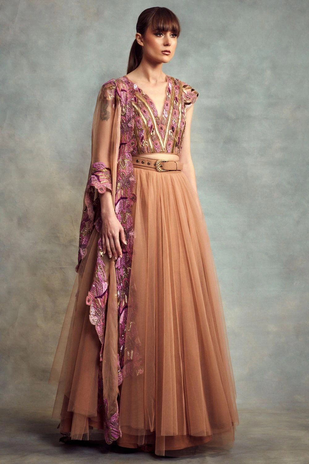 Nikita Mhaisalkar Peach Candy Tulle Lehenga Set - Image 2