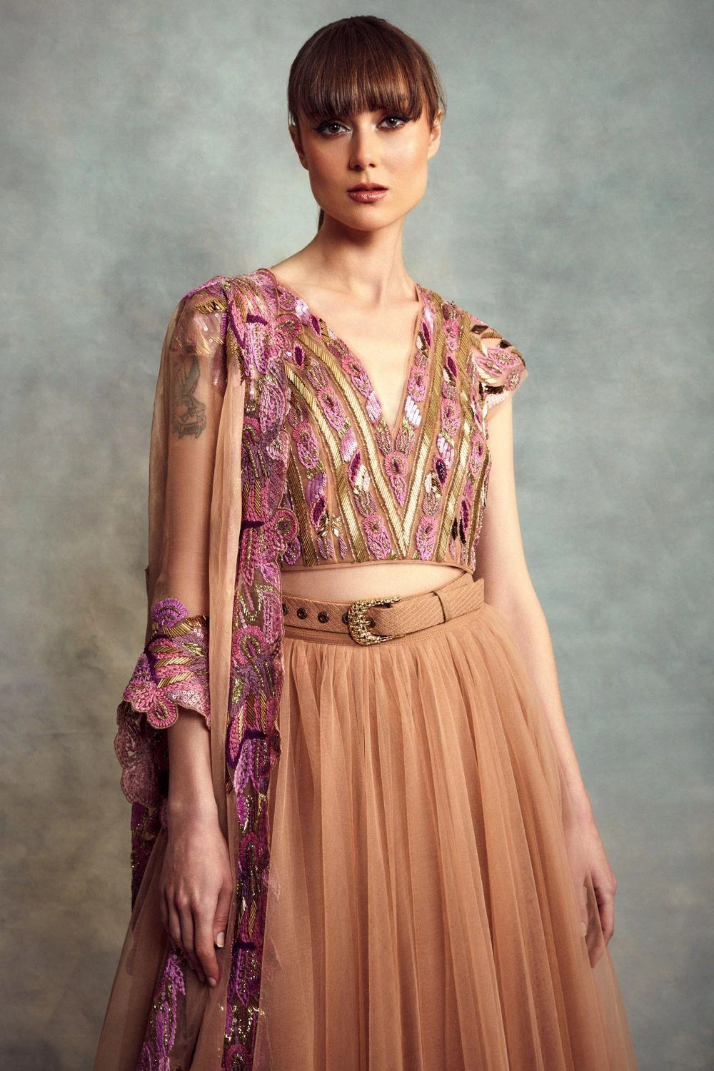 Nikita Mhaisalkar Peach Candy Tulle Lehenga Set - Image 3