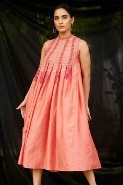 Chandrima Coral Chanderi Pleated Dress