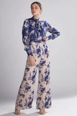 KoAi Blue And Peach Floral Shirt With Bow Neck
