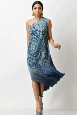 Kiran Uttam Ghosh Aqua Batik Print Pleated One Shoulder Dress