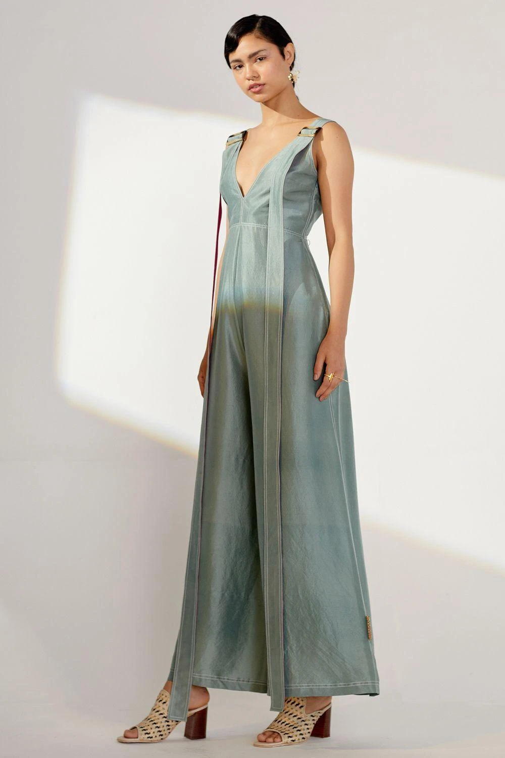 Twinkle Hanspal Teal Silk Jumpsuit With Exaggerated Belts - Image 2
