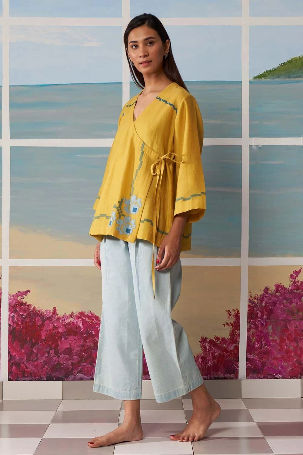 Ikai Mustard Overlap Shirt With Rose Applique Details